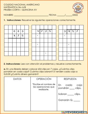 Q. XV - Prueba corta matemática