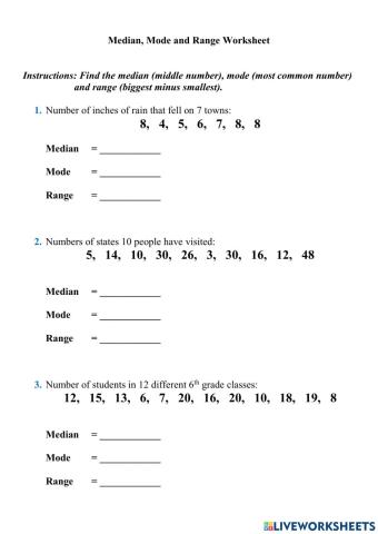 Median, Mode and Range Worksheet