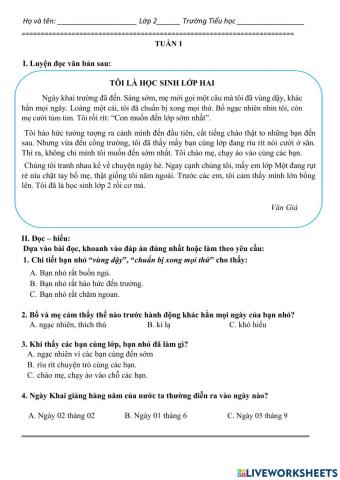 Lớp 2 - pbt tiếng việt - tuần 1