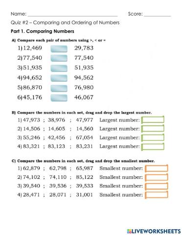 Quiz 2 - Math 3 - Comparing - Ordering Numbers