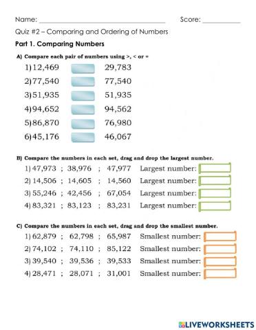 Quiz 2 - Math 3 - Comparing - Ordering Numbers