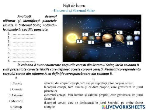 Fisa de lucru - universul si sistemul solar
