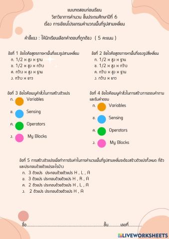 ข้อสอบก่อนเรียน เรื่องการเขียนโปรแกรมหาพื้นที่รูปสามเหลี่ยม