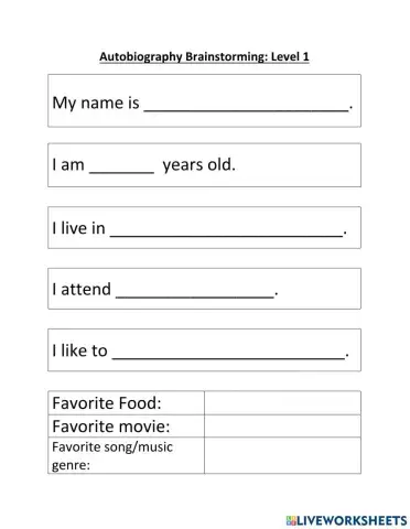 Level 1 autobiography brainstorming
