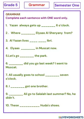 Grade 5 Grammar Exercises S 1