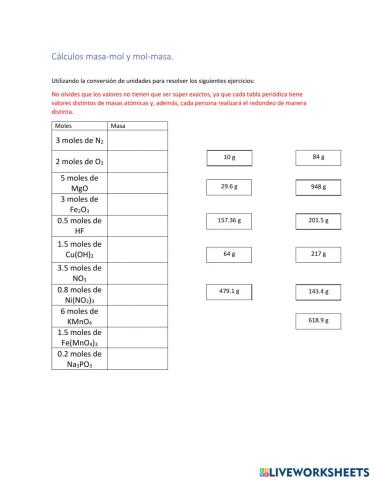Cálculos masa-mol mol-masa