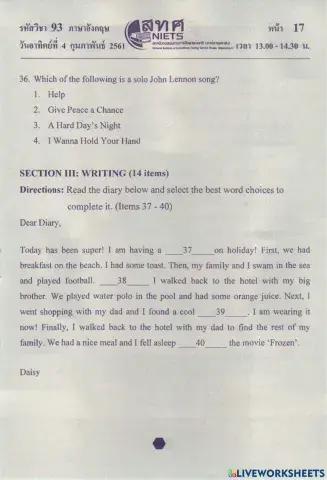 English ONET M.3 2560 Part 3 No.37-50