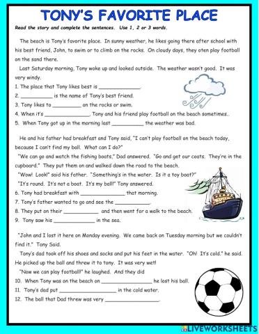 Tony's Favorite Place - Reading Comprehension