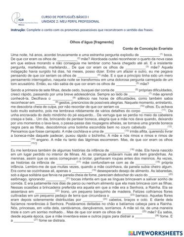 Olhos d’água fragmento com exercício de possessivos