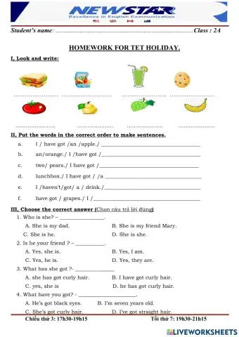 Homework for tet holiday 2a