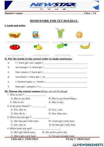 Homework for tet holiday 2a