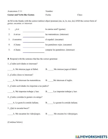 2 3.1 Verbs like gustar wkst