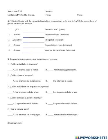 2 3.1 Verbs like gustar wkst