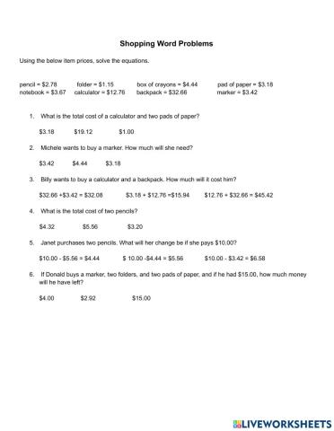Shopping Word Problems