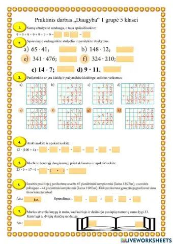 Praktinis darbas Natūraliųjų skaičių daugyba1. 5 klasei
