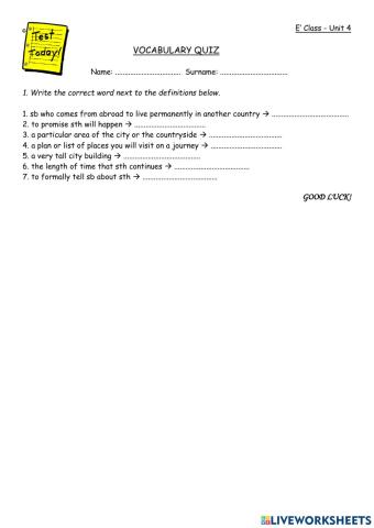 Cosmic B1+ Unit 4 Vocabulary Quiz