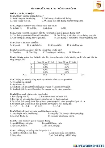 ÔN THI GIỮA HỌC KÌ II - SINH 11
