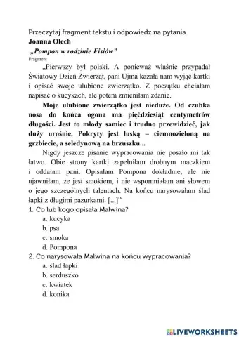 Test wyboru, czytanie ze zrozumieniem Pompon