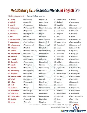 Vocabulary Ex.: Essential Words for the TOEFL (VI)