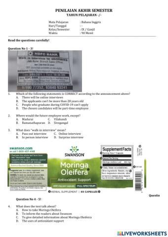 Soal PAS Semester 1 Bahasa Inggris Kelas 9