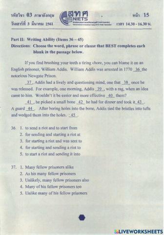 English ONET M.6 2560 Part 2 Writing No.36-45