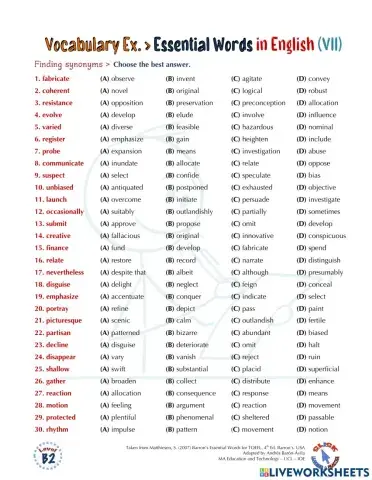 Vocabulary Ex.: Essential Words for the TOEFL (VII)