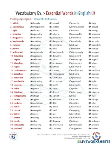 Vocabulary Ex.: Essential Words in English (I)