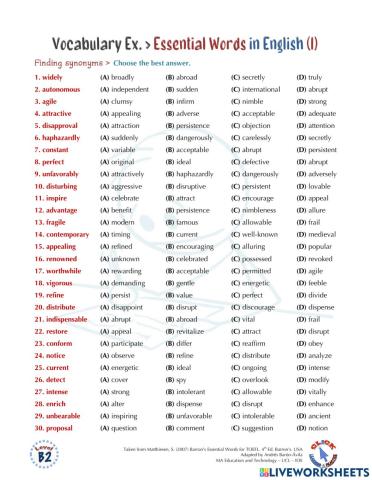 Vocabulary Ex.: Essential Words in English (I)