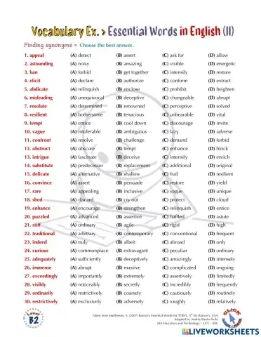 Vocabulary Ex.: Essential Words in English (II)