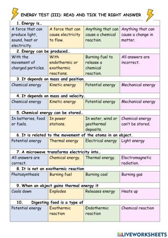 Multiple choice test energy
