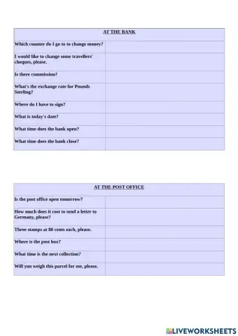 Andare in banca, alle poste, soldi - Fill in the blanks