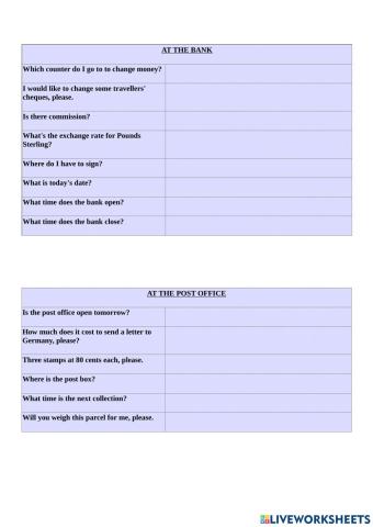 Andare in banca, alle poste, soldi - Fill in the blanks