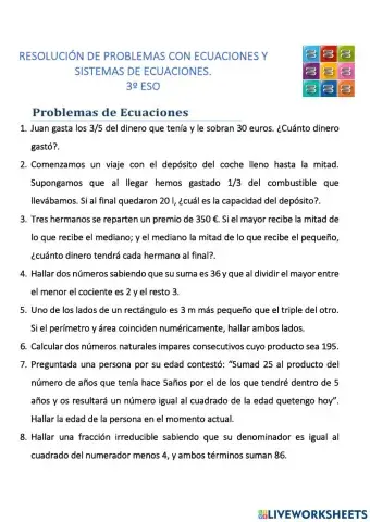 Problemas ecuaciones y sistemas de ecuaciones. 3º eso