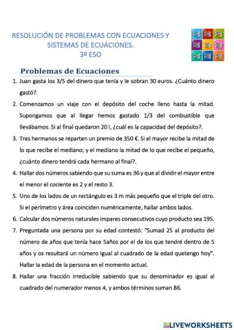 Problemas ecuaciones y sistemas de ecuaciones. 3º eso