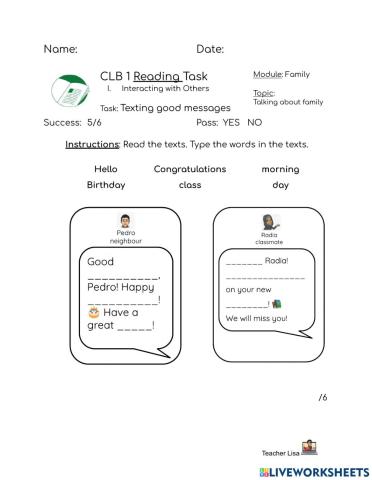 CLB 1: Reading Task: Friendly Texts