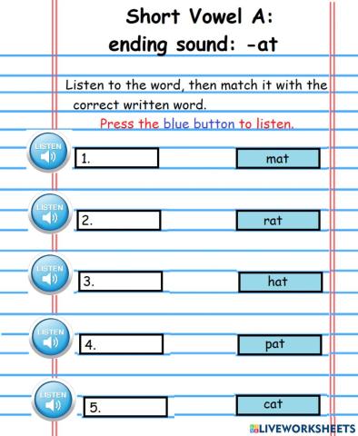 Short Vowel A-ending sound -at