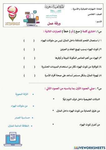 التلوث داخل المنزل (تلوث الهواء) الصف الخامس 