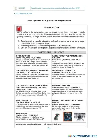 Vamos al cine - Comprensión lectora