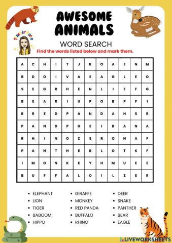 Wild animals wordsearch