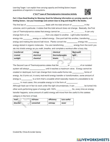 1st & 2nd Laws of Thermodynamics Interactive Activity