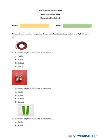 Soal evaluasi IPA rangkaian listrik