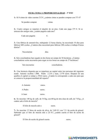 FICHA TEMA 3 PROPORCIONALIDAD Y PORCENTAJES