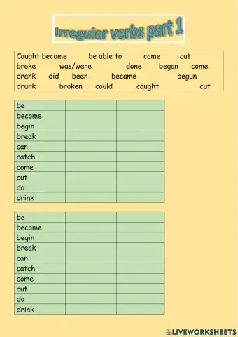 Put verbs into the table and fill in the second table