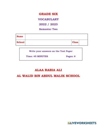 Grade 6 Vocabulary S 2