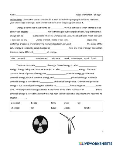 Forms of Energy Reading Comp Worksheet