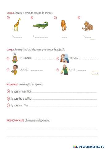 Les animaux: vocabulaire et des descriptions