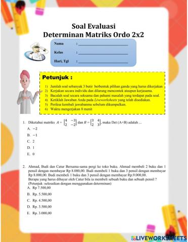 Soal evaluasi determinan matriks ordo 2x2