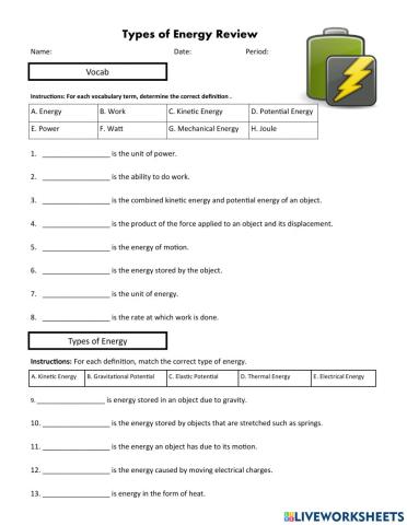 Energy Review  worksheet