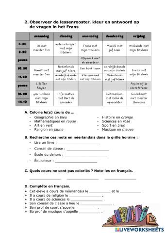 Schoolvakken - leesoefening met antwoorden in het Frans