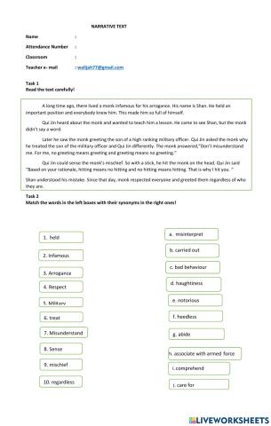 NARRATIVE WORKSHEET FOR GRADE 9
